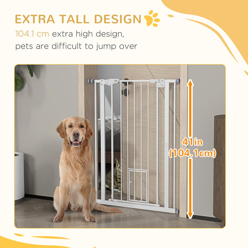 PawHut Extra Tall Dog Gate with Cat Door Auto Close for Stairs 74-80 cm Wide