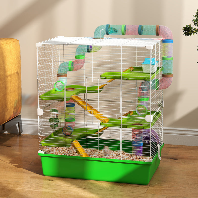 PawHut Hamster Cage W/ Water Bottle, Exercise Wheel, Tubes, Ramps - Green