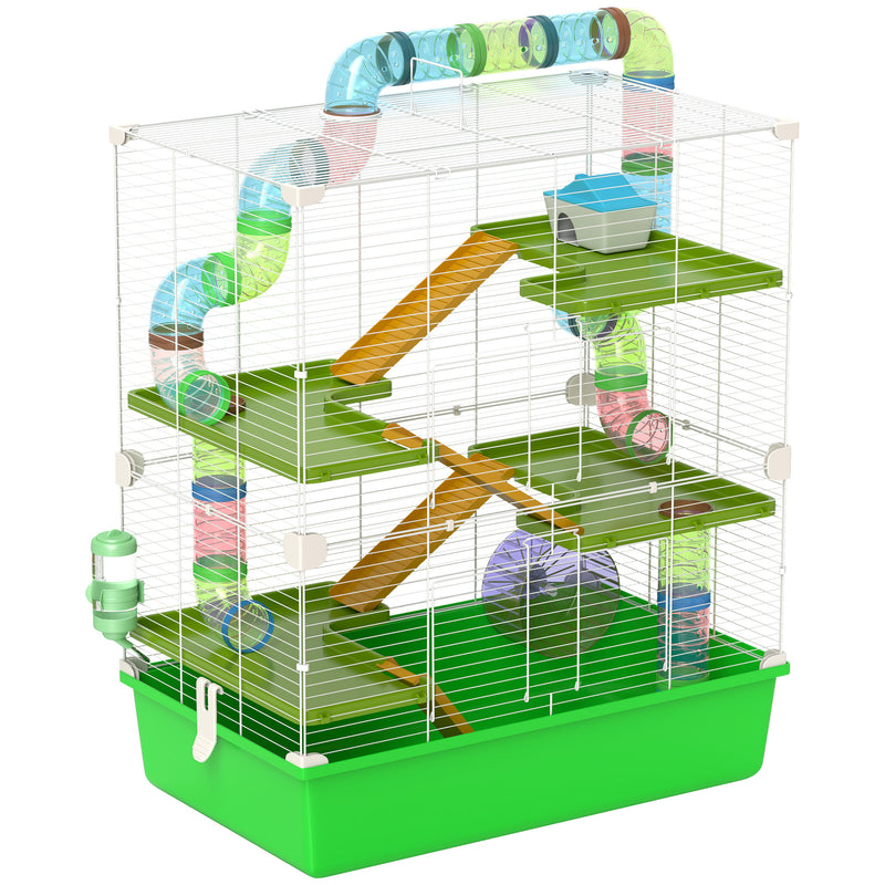 PawHut Hamster Cage W/ Water Bottle, Exercise Wheel, Tubes, Ramps - Green