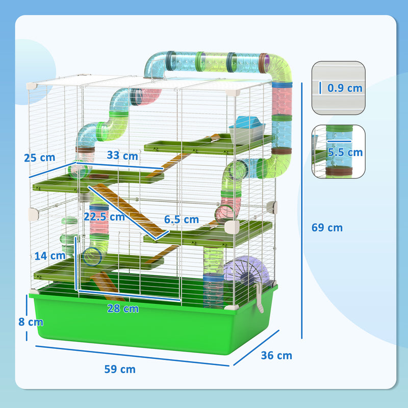 PawHut Hamster Cage W/ Water Bottle, Exercise Wheel, Tubes, Ramps - Green