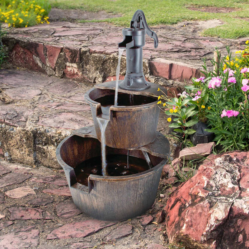 Silver & Stone Outdoor Water Feature 2 Tier Barrel Fountain 62 x 43cm