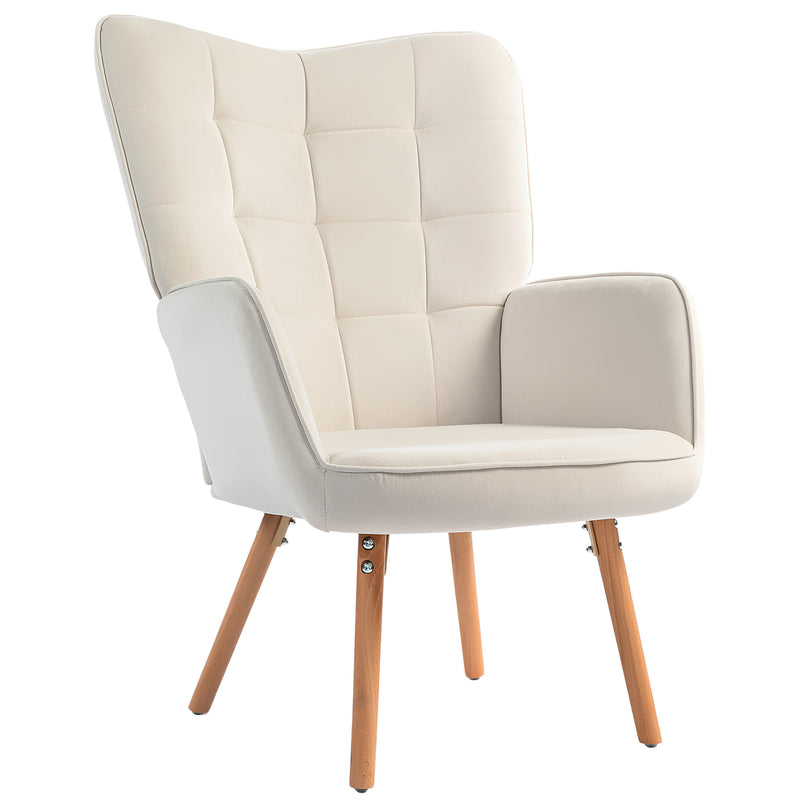 HOMCOM Accent Chair Velvet-Touch Tufted Wingback Armchair, Cream White