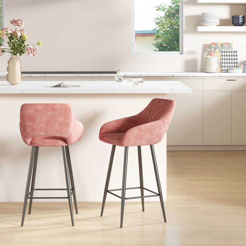 HOMCOM Bar Stools Set of 2, Velvet-Touch Fabric Counter Height Bar Chairs Pink