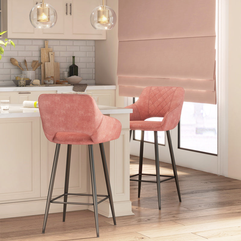 HOMCOM Bar Stools Set of 2, Velvet-Touch Fabric Counter Height Bar Chairs Pink