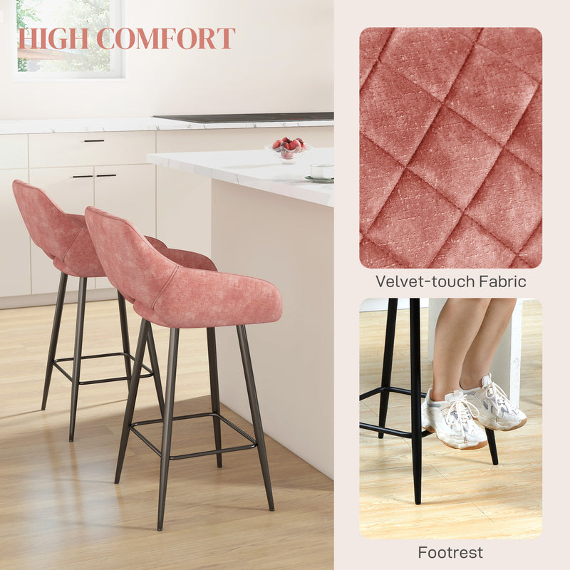 HOMCOM Bar Stools Set of 2, Velvet-Touch Fabric Counter Height Bar Chairs Pink