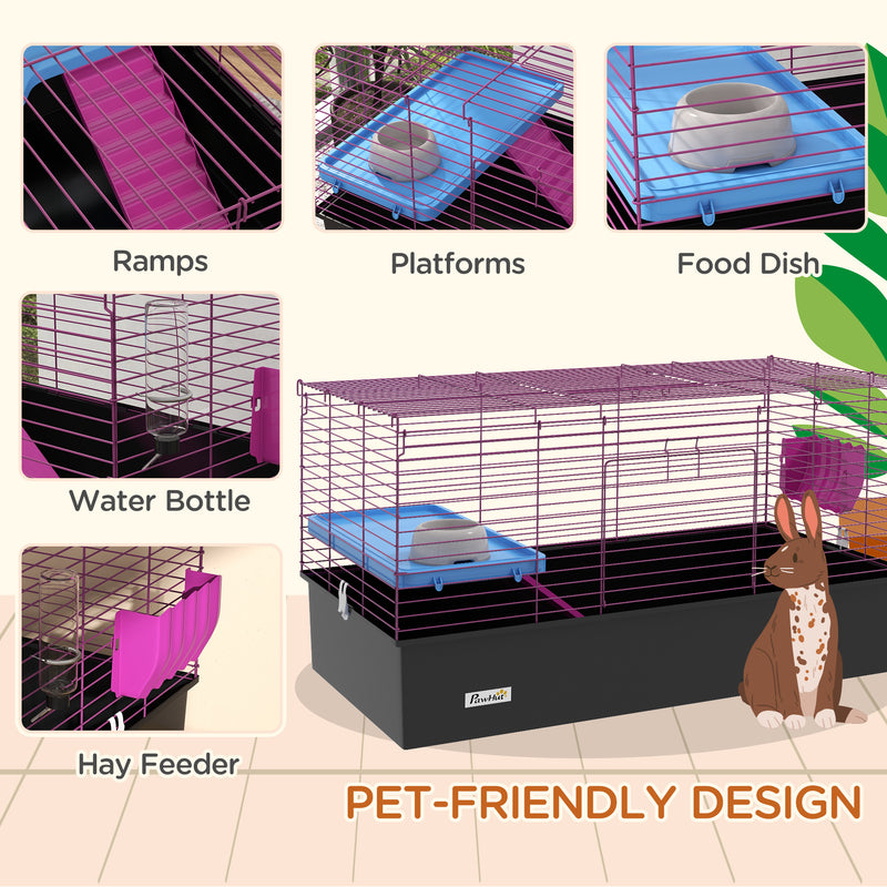 PawHut Small Animal Cage, Rabbit Guinea Pig Hutch, Pet Playhouse, Black