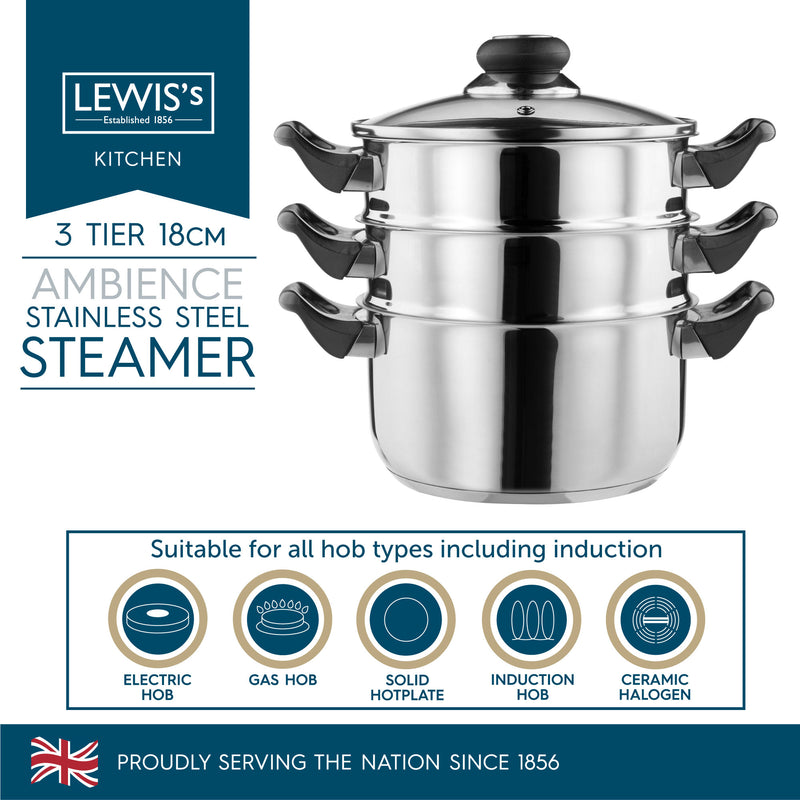 Lewis's Stainless Steel 3 Tier 18cm Steamer Pan With Glass Lid - Silver