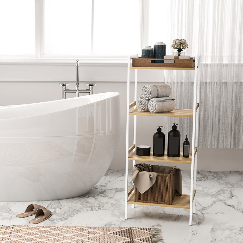 HOMCOM 4-Tier Bamboo Bathroom Storage Shelf with Adjustable Rack