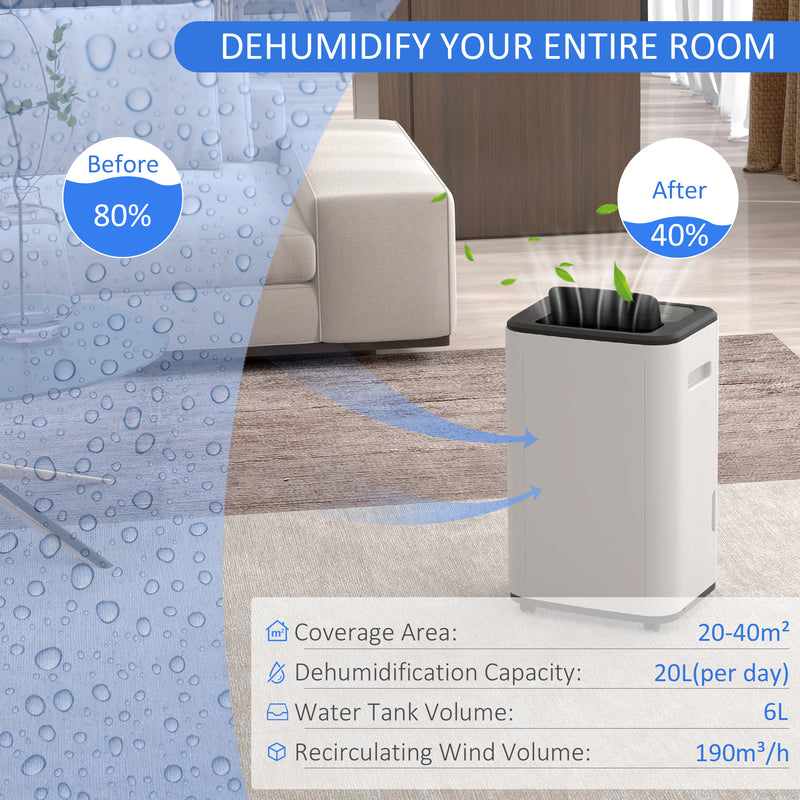 HOMCOM 20L/Day 6L Dehumidifier, Portable Quiet Air Dehumidifier for Laundry