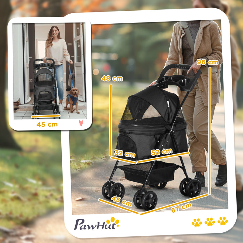 PawHut Pet Stroller Foldable Travel Carriage w/ Brake Basket Canopy, Black