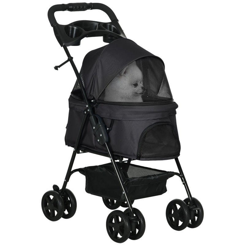 PawHut Pet Stroller Foldable Travel Carriage w/ Brake Basket Canopy, Black