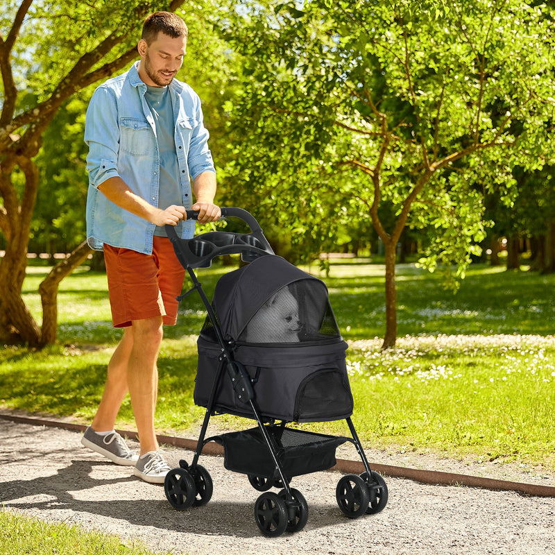 PawHut Pet Stroller Foldable Travel Carriage w/ Brake Basket Canopy, Black