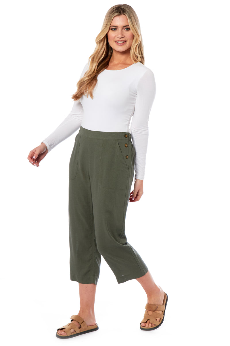 Ladies Linen 3/4 Trousers - Khaki