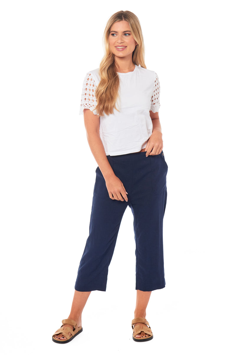 Ladies Linen 3/4 Pants -Navy