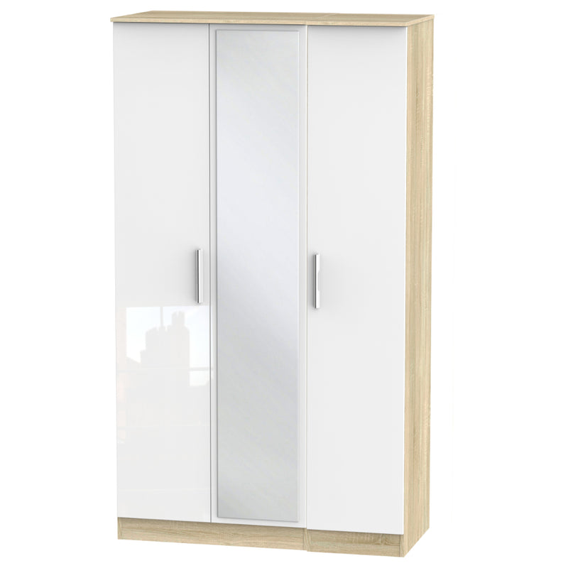 Copenhagen Ready Assembled Wardrobe with Triple Mirror  - White Gloss & Bardolino Oak