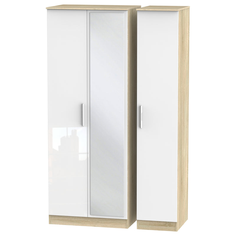 Copenhagen Ready Assembled Wardrobe with Triple Mirror  - White Gloss & Bardolino Oak