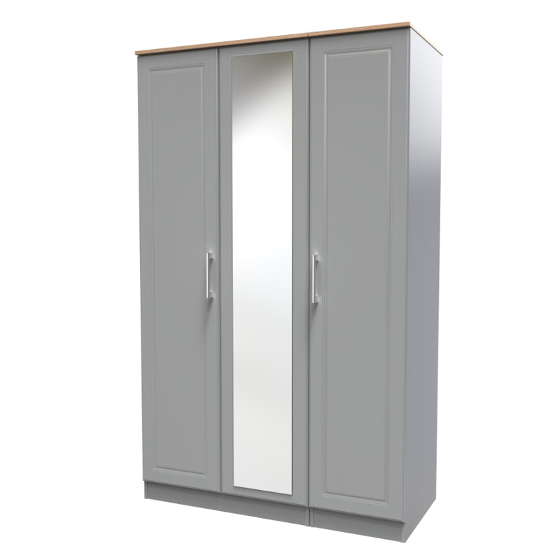 Kingston Ready Assembled Wardrobe with Triple Mirror  - Dust Grey & Bardolino Oak