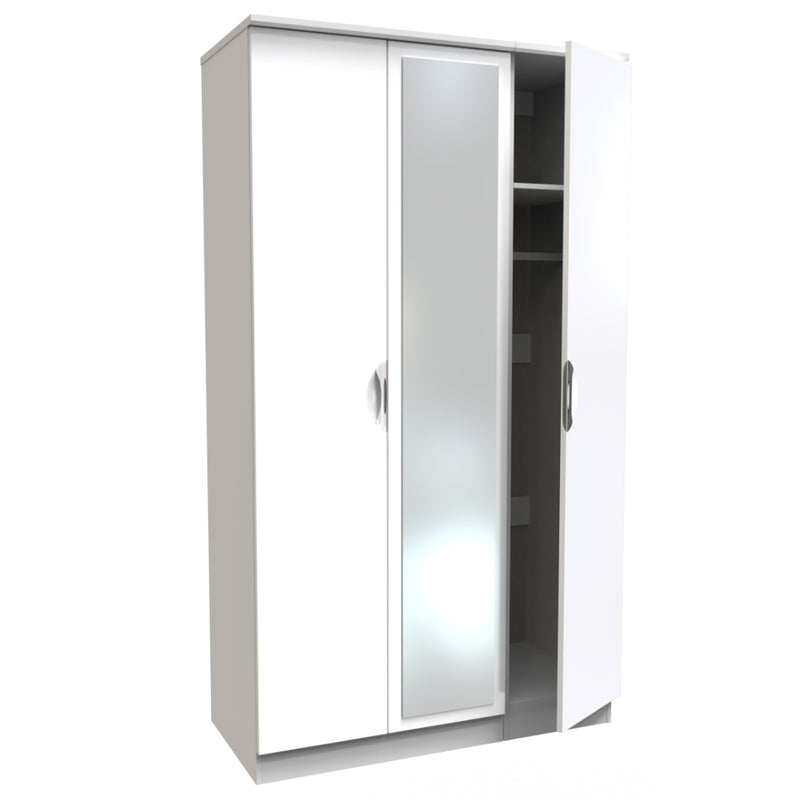 Cairo Ready Assembled Wardrobe with Triple Mirror  - White Gloss & White