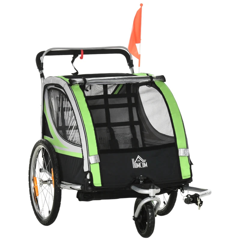 HOMCOM Child Bike Trailer 2 In 1 Baby Stroller = Green