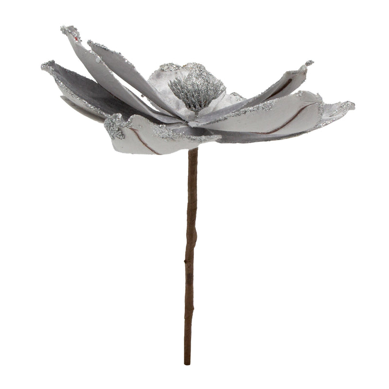 Velvet Magnolia Flower Pick - Silver