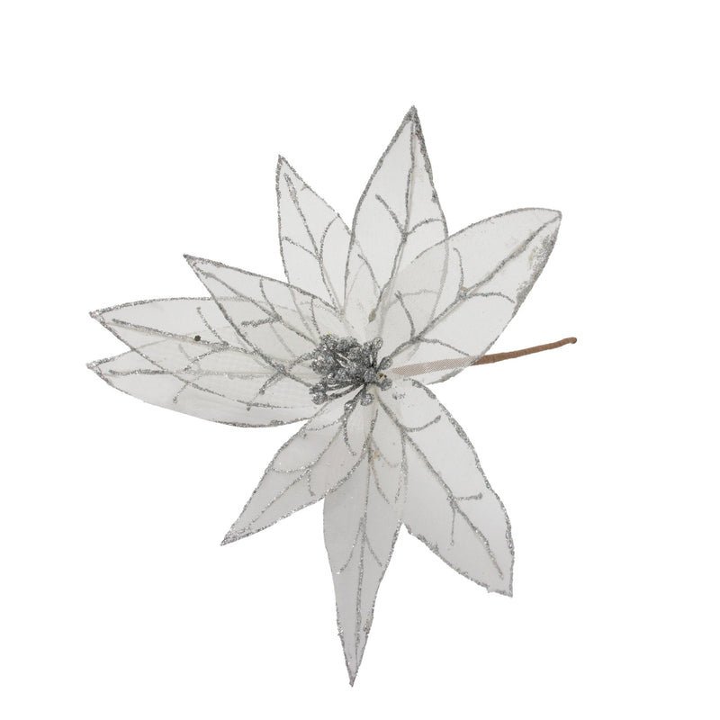 Glitter Poinsettia Pick - Silver