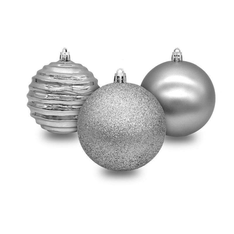 12pc Christmas Baubles Glitter / Matt / Shiny - Silver