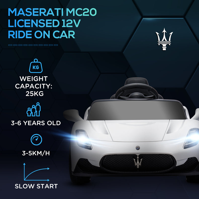 AIYAPLAY White Maserati MC20 Licensed 12V Kids Ride on Car w/ Remote