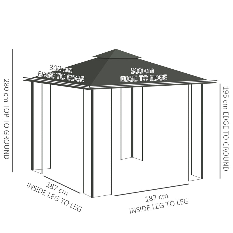 Outsunny 3 x 3(m)  Garden Gazebo Marquee Tent Canopy Shelter Pavilion Grey