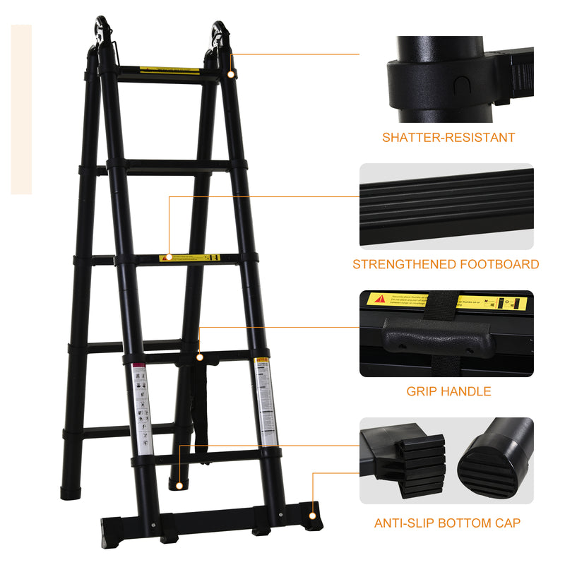 DURHAND 3.2m Extendable Aluminium Ladder, Portable 10 Step Ladder, Black