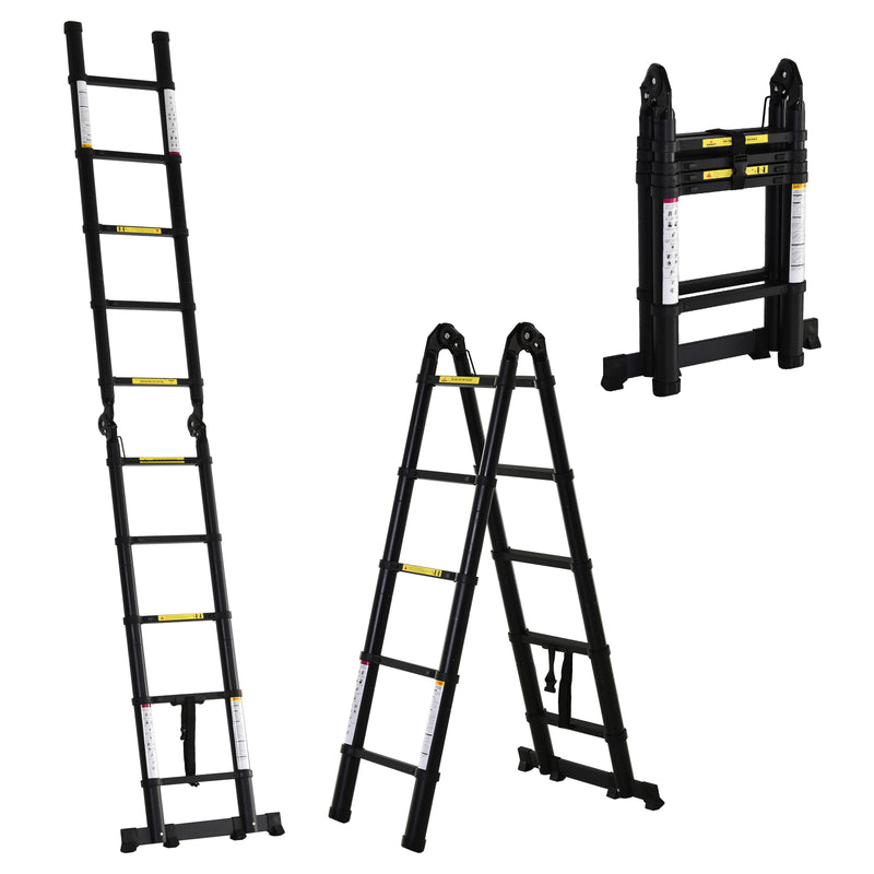 DURHAND 3.2m Extendable Aluminium Ladder, Portable 10 Step Ladder, Black