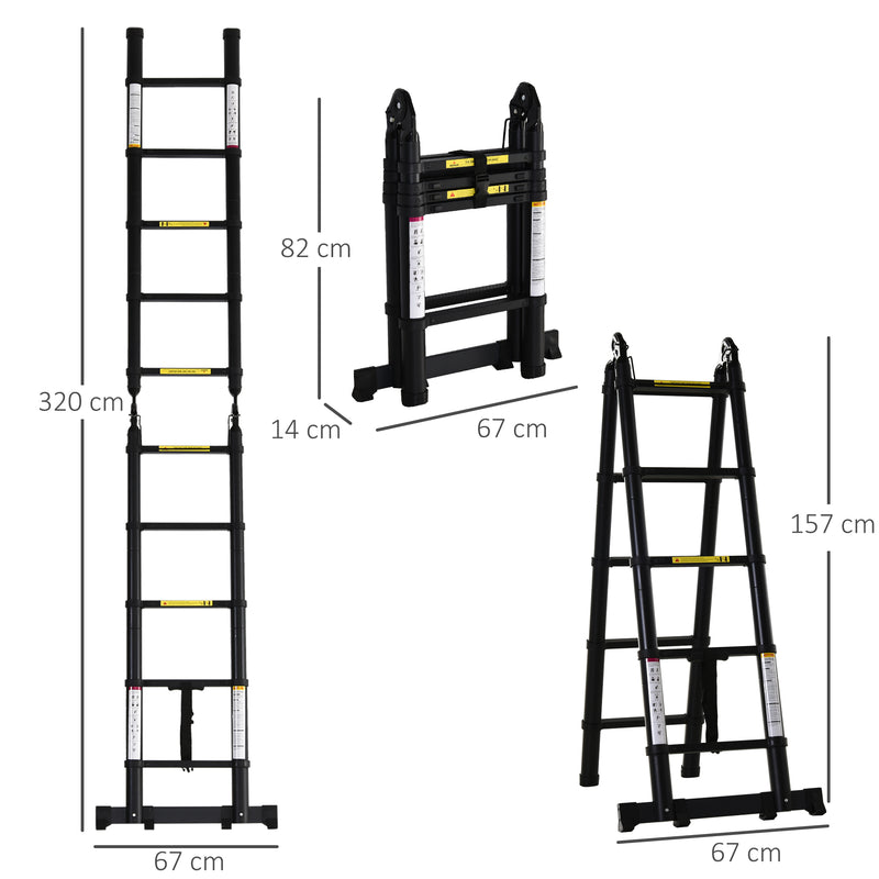 DURHAND 3.2m Extendable Aluminium Ladder, Portable 10 Step Ladder, Black