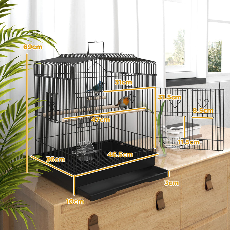 PawHut 59cm Large Bird Cage with Stand, Perches, Food Bowls, Swing, Black