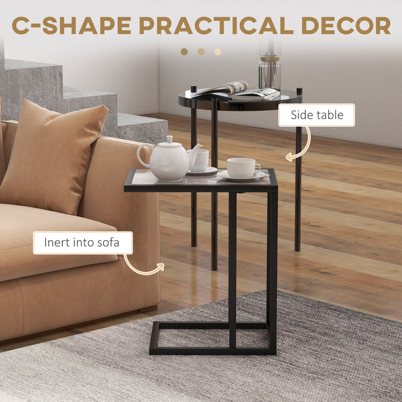 HOMCOM C Shape Side Table w/ Marble-Effect Top, Grey