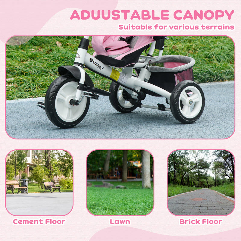 HOMCOM 6 in 1 Kids Pink Trike, Stroller with Parent Handle