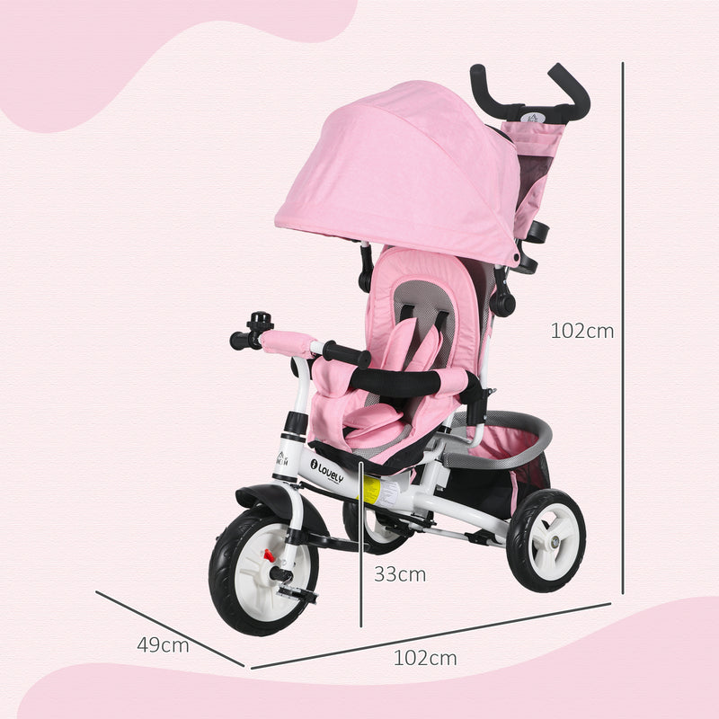 HOMCOM 6 in 1 Kids Pink Trike, Stroller with Parent Handle