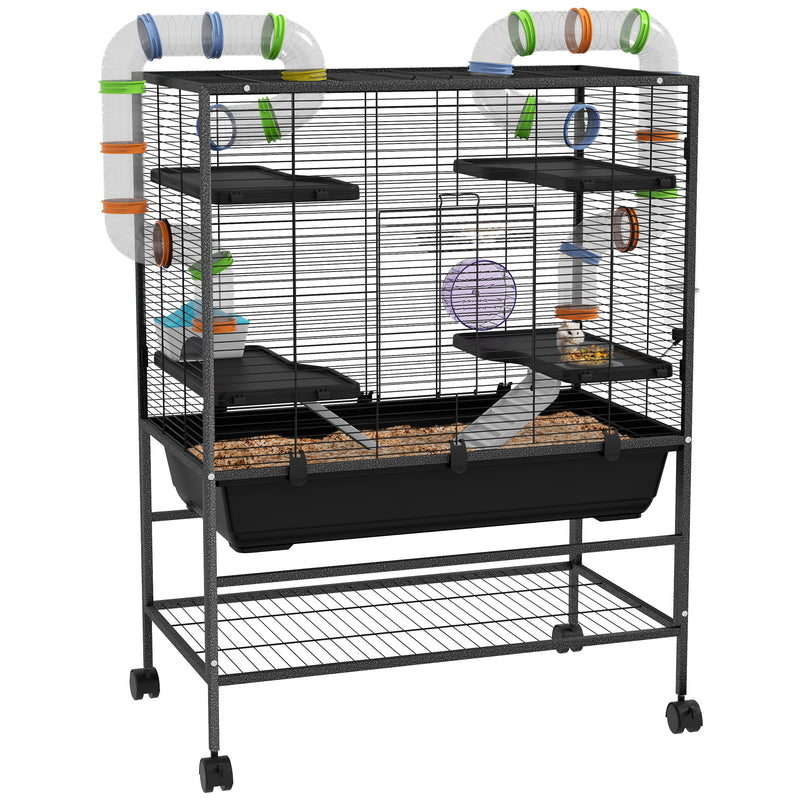 PawHut Large Hamster Cage, Rat Cage w/ Wheels, Tubes, Storage Shelf, Ramps