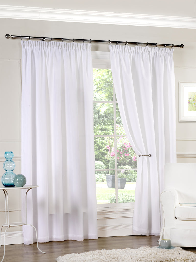 Lined Pencil Pleat Voile Curtain Pair in White