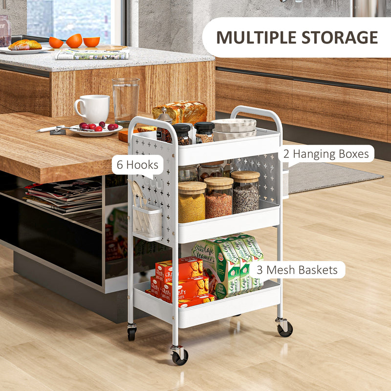 HOMCOM Rolling Utility Cart with 3 Mesh Basket, 2 Boxes, 6 Hooks for Kitchen