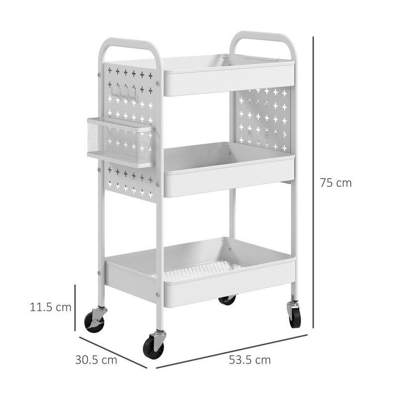 HOMCOM Rolling Utility Cart with 3 Mesh Basket, 2 Boxes, 6 Hooks for Kitchen