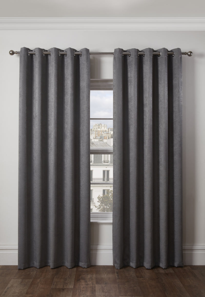 Ambiance Thermal Blackout Eyelet Curtains 3D Embossed Charcoal Curtains With Reflective Reverse Weave