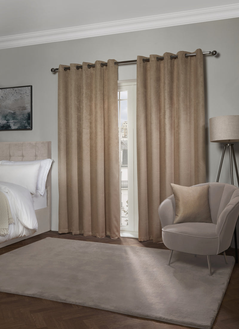 Ambiance Thermal Blackout Eyelet Curtains 3D Embossed Curtains With Reflective Reverse Weave in Taupe