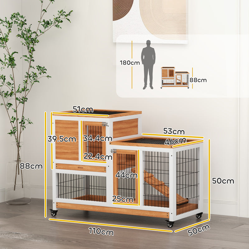 PawHut Wooden Indoor Rabbit Hutch Elevated Bunny Cage W/ Enclosed Run Wheel