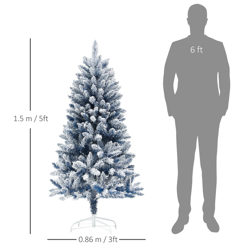 HOMCOM 5 Foot Artificial Blue Snow Flocked Christmas Tree with Hinged Branches