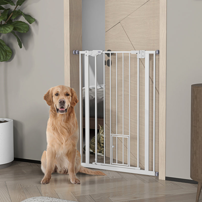 PawHut Extra Tall Dog Gate with Cat Door Auto Close for Stairs 74-80 cm Wide