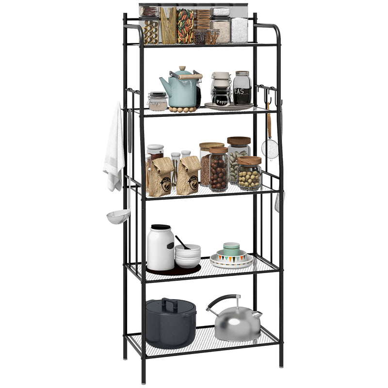 HOMCOM 5-Tier Kitchen Storage Unit, Microwave Stand with Open Shelves and Hooks