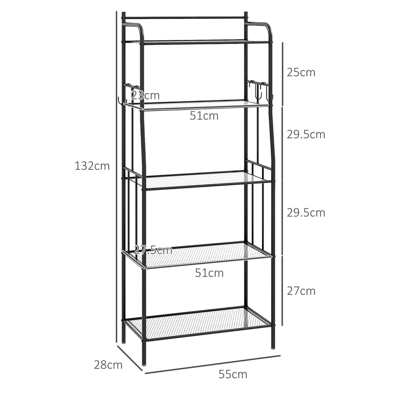 HOMCOM 5-Tier Kitchen Storage Unit, Microwave Stand with Open Shelves and Hooks