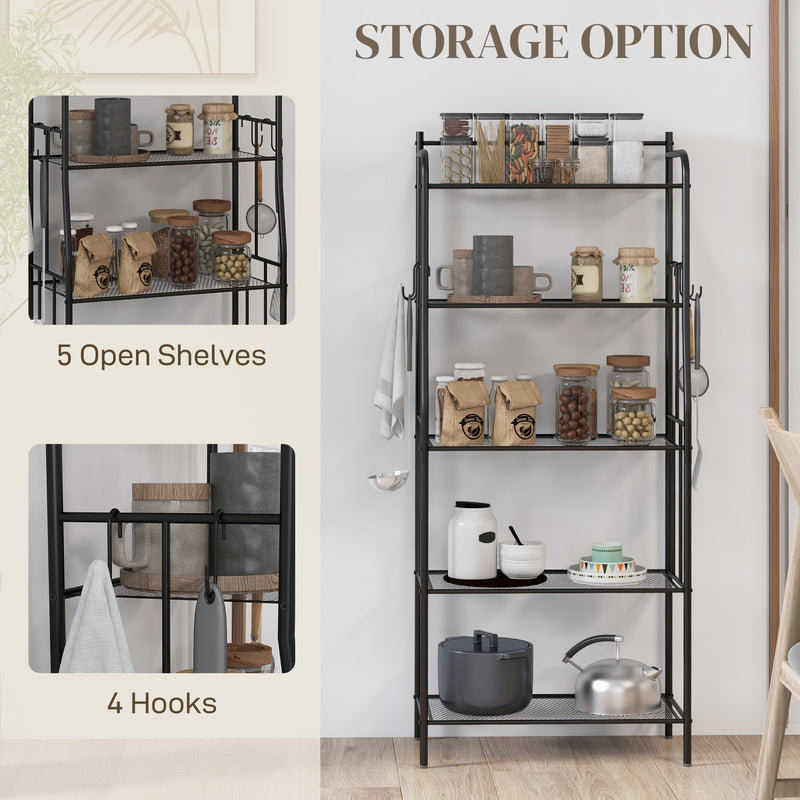 HOMCOM 5-Tier Kitchen Storage Unit, Microwave Stand with Open Shelves and Hooks