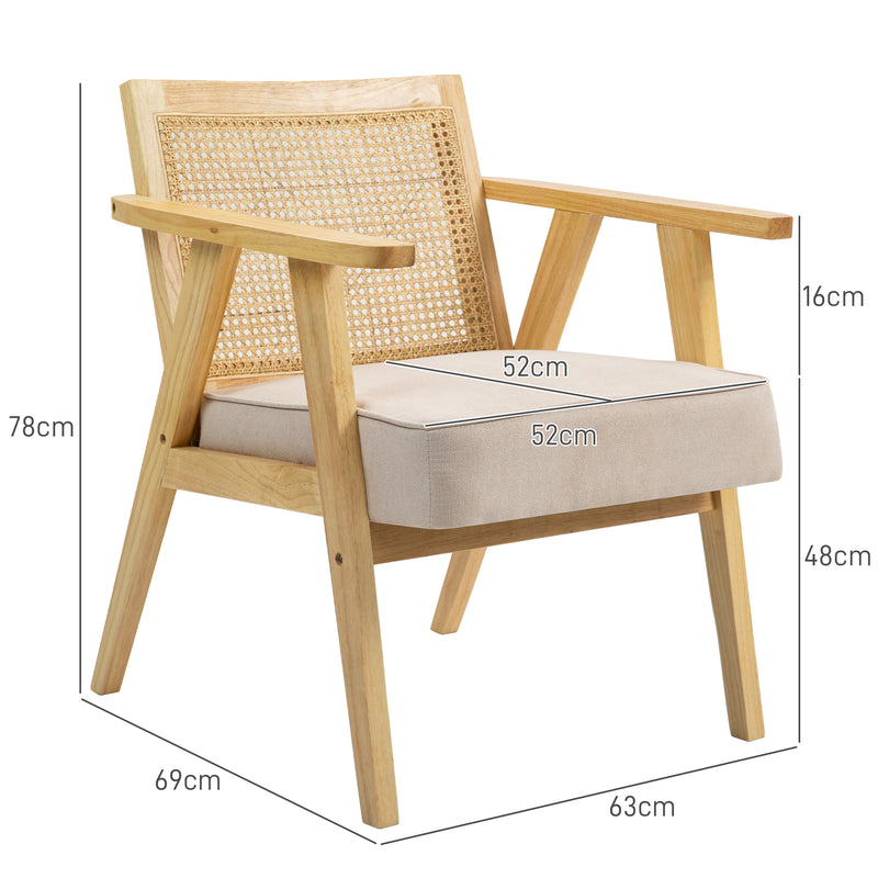 HOMCOM Rattan Armchair with Wood Frame Seat Cushion for Living Room Bedroom