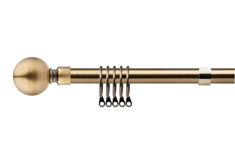 Ball - Extendable Curtain Pole with Rings and Pair of End Finials in Antique Brass