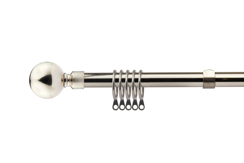 Ball - Extendable Curtain Pole with Rings and Pair of End Finials in Brushed Silver